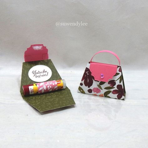 Mini Purse Lip Balm Holder Lip Balm Purse Template, Stampin Up Lip Balm Holder, Stampin Up Chapstick Holder, Lip Balm Holders, Lipstick Gift Wrapping Ideas, Cruise Ornaments, Chapstick Holder Pattern Free, Lip Balm Packaging Ideas, Associate Appreciation