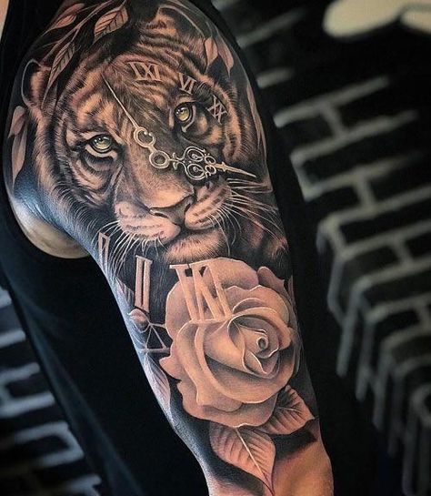 Realistic tiger and rose tattoo sleeve with roman numbers | www.otziapp.com Best Shoulder Tattoos, Shoulder Tattoos For Men, Cool Shoulder Tattoos, Rose Shoulder Tattoo, Mens Shoulder Tattoo, Illustration Tattoo, Back Of Shoulder Tattoo, Cat Tattoos, Tato Lengan