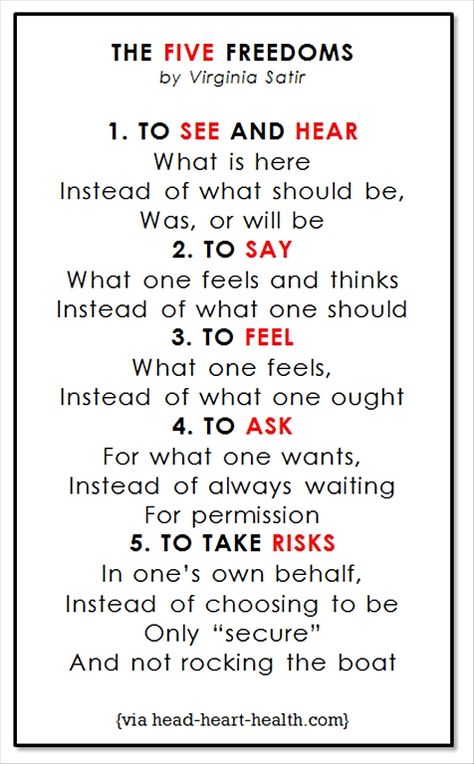 the Five Freedoms by Virginia Satir Couples Worksheets, Virginia Satir Quotes, Gestalt Theory, Adolescent Therapy, Virginia Satir, Counselling Tools, Gestalt Therapy, Therapy Quotes, Health Psychology