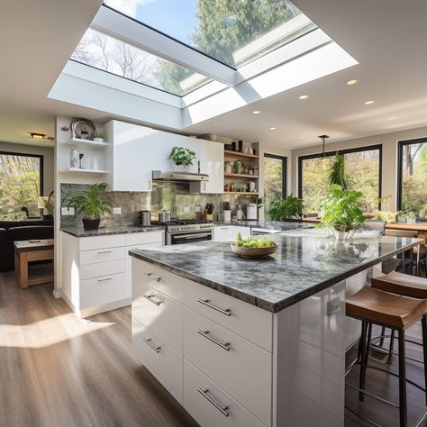 Modern Kitchen Interior: A spacious modern kitchen interior with large windows, natural lighting, and a blend of comfort and luxury. #kitchen #modern #interior #skylight #marble #countertops #sunlight #appliances #aiart #aiphoto #stockcake https://ayr.app/l/7SP5 Kitchen With Skylight Natural Light, Kitchen Sky Light, Interior Skylight, Skylight In Kitchen, Kitchens Without Windows, Kitchen With Skylights, Kitchen With Skylight, Kitchen Skylight, Recessed Window