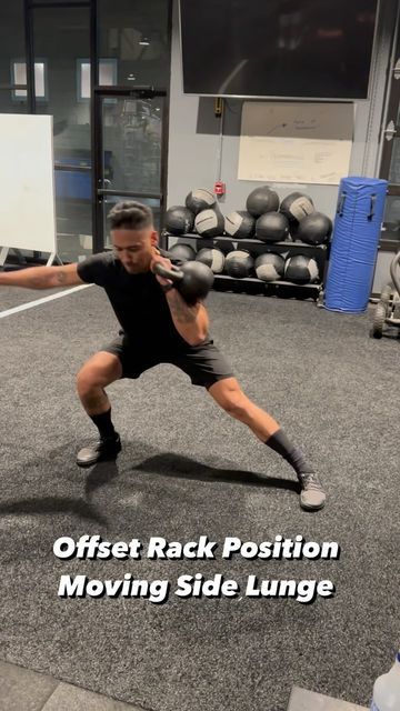 Luka Hocevar on Instagram: "Offset Rack Position Moving Side Lunge The downside of a lot of people’s programs tends to be that they rely too much on sagittal plane variations and while I’m a fan of those, adding frontal and transverse planes can unlock new gains in neglected areas and help with chronic aches and pains from overused patterns. Lateral lunge variations fill a unique need for people in that they function not only as a strength and muscle builder for the quads, glutes and adductors, but it can actually improve flexibility through the hips. I use them with athletes and non athletes alike in different variations (based on fitness level, mobility, etc). Here’s @erockacuario doing a KB offset rack moving side lunge which is a TOUGH variation and not for a beginner. Try this one Sagittal Plane, Lunge Variations, Muscle Builder, Lateral Lunges, Leg Workouts, Front Raises, Side Lunges, Fitness Ideas, Improve Flexibility