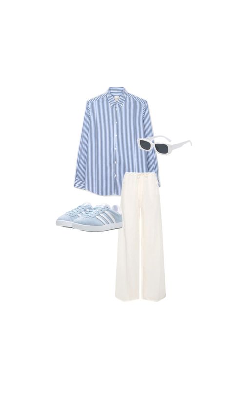 Blue and white pinstripe shirt. Linen pants. Adidas blue and white. White sunnies! Pinstripe Shirt, White Pants Outfit, Pants Adidas, Shirt Linen, Adidas Blue, Blue Adidas, White Pants, White White, Linen Pants