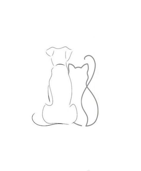 Cat And Dog Embroidery, Cats And Dogs Tattoo, Cat And Dog Tattoo Designs, Cat And Dog Tattoo Ideas, Cat Line Drawing Tattoo, Cat And Dog Doodle, Vet Tattoo Ideas, Dog And Cat Tattoo Together, Dog And Cat Tattoo