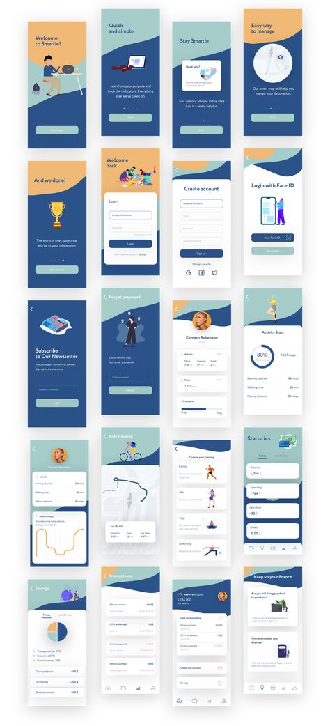 Smartie UI Kit is specially optimized for iOS with minimal style. It includes 20 mobile screen app templates of the highest quality.This UI Kit was designed in Sketch.Includes: walkthrough, login, tracking and banking. Mobile App Design Templates, Application Ui Design, Ux Design Mobile, Ui Ux 디자인, App Design Layout, Ux App Design, Android App Design, Mobile App Design Inspiration, App Interface Design