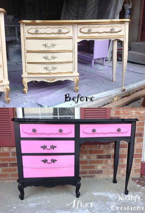 French Provincial desk painted black and hot pink before and after pictures. Refinished by Kelly's Creations. https://www.facebook.com/pages/Kellys-Creations-Refinished-Furniture/524028237619793?ref=hl Pink And Black Furniture, Black And Pink Vanity, French Provincial Desk, Revamp Furniture, Shabby Chic Home Decor, Pink Furniture, Diy Furniture Redo, Shabby Chic Home, Refinished Furniture