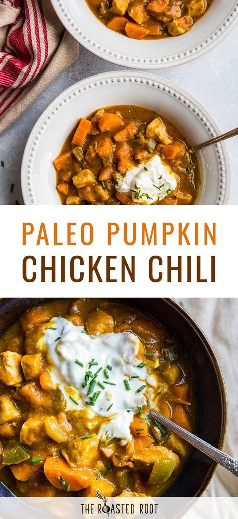 Healthy Pumpkin Recipes Low Calories, Pumpkin Recipes Easy Dinner, Chili Paleo, Pumpkin Chicken Chili, Paleo Pumpkin Recipes, Pumpkin Chicken, Pumpkin Recipes Dinner, Paleo Chili, Recipes Pumpkin