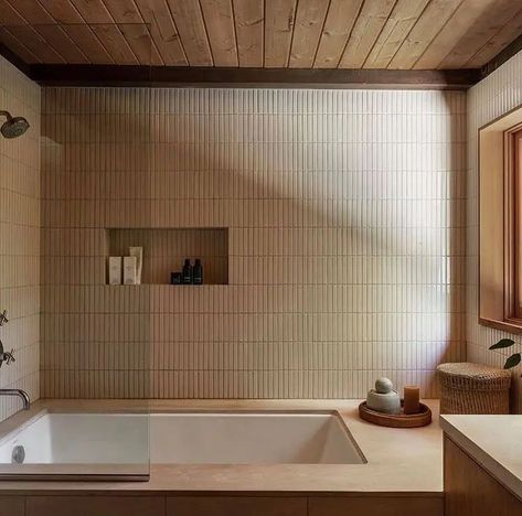 Wabi Sabi Bathroom, Japandi Bathroom, Warm Bathroom, Bathroom Details, Arizona House, Japandi Interior, Fireclay Tile, Tub Surround, Bathroom Renos