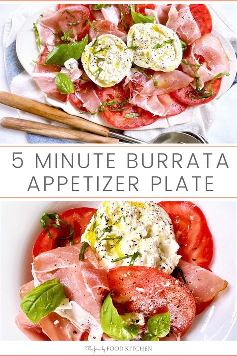 It's hard to beat Burrata & Prosciutto with tomatoes as a flavor combination. The creamy burrata cheese pairs perfectly with the salty prosciutto and fresh sweet tomatoes, to produce a simple salad that also works well on any antipasto platter. #FamilyFoodKitchen Keto Recipes With Burrata, Burrata And Prosciutto, Proscuitto Appetizers, Prosciutto Appetizer, Summertime Food, Prosciutto Recipes, Sausage Peppers And Onions, Chicken Milanese, 21 Diner