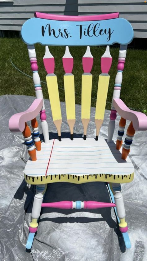 Classroom Rocking Chair Teachers, Teacher Painted Chair, Teacher Stools Painted Diy, Teacher Rocking Chair Painted, Painted Teacher Stool, Classroom Rocking Chair, Teacher Rocking Chair, Teacher Art Projects, Teacher Rocking Chairs