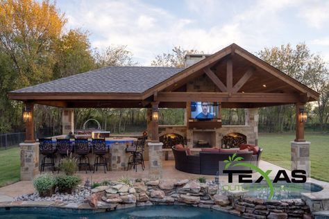 Texas Outdoor Oasis provides homeowners with custom pools, patio covers, landscaping & outdoor kitchens. Perfect Outdoor Living Room Outdoor Pavillion, Covered Patio Design, Outdoor Covered Patio, Pool House Designs, Outdoor Patio Designs, Outdoor Pavilion, Backyard Fireplace, Backyard Gazebo, Backyard Pavilion