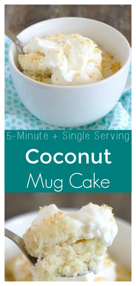 Coconut Mug Cake – A delicious coconut cake in a mug in less than 5 minutes. This is the perfect single serving dessert for coconut fans! Cake in a mug | Mug Cake | Coconut Cake #coconut #recipe #dessert #dessertrecipe #easyrecipe #mugcake #cake Keto Coconut Mug Cake, Coconut Mug Cake Microwave, 123 Cake In A Mug, Single Dessert Recipes, Mug Cake Coconut, Coconut Mug Cake, Mug Dessert Recipes, Microwave Mug Recipes, Coconut Recipe