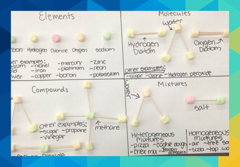 Students use marshmallows and toothpicks to develop models of molecular structures! In addition, students utilize graphing to monitor their own learning. #boccore1996 Marshmallows And Toothpicks, Change Worksheet, Chemical Change, Teaching Middle School Science, Elizabeth Gutierrez, Student Worksheet, Science Room, 7th Grade Science, Teaching Chemistry