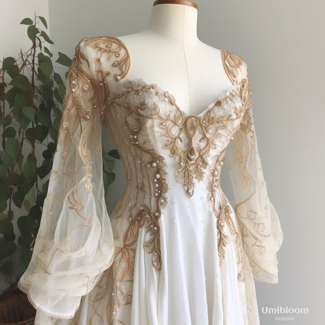 Elfish Wedding Dresses, Elven Queen Wedding Dress, Fairy Inspired Dresses, Celtic Wedding Dress Fairy Tales, Fairy Goddess Dress, Whimsical Fairy Dress, White And Gold Fairy Dress, Elven Dress Gowns, White Gold Fantasy Dress