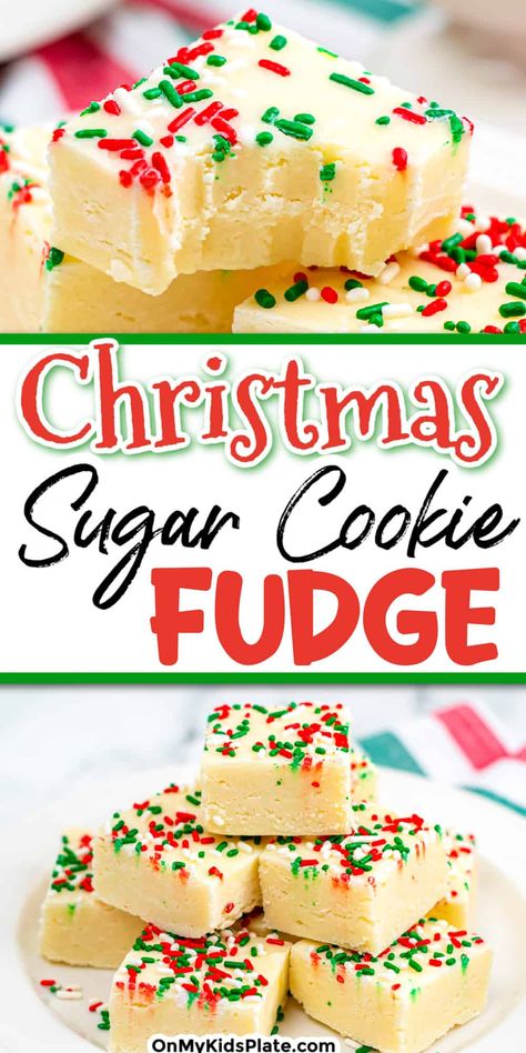 Close up on a piece of sugar cookie fudge topped with red and green sprinkles missing a bite with a stack of fudge on a plate below and title text overlay between the images. Christmas Sugar Cookie Fudge, Christmas Strawberries, Sugar Cookie Fudge, Flavored Fudge, Sugar Cookie Christmas, Cookie Fudge, Christmas Sugar Cookie, Holiday Desserts Christmas, Dessert Parfait