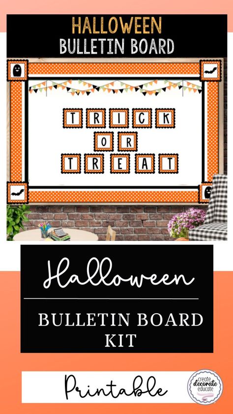 Do you need an idea for an October bulletin board? This Halloween bulletin board, with a trick-or-treat theme, is low-prep and perfect for your classroom bulletin board, hall display or door display. Just download and print! · “TRICK OR TREAT” letters are in an adorable, scalloped frame · Embellishments in the same scalloped frame to compliment your letters · 3 printables: BOO, HAPPY HALLOWEEN, TRICK OR TREAT · B O O polka dot framed letters for display · 2 styles of coordinating borders Halloween Class Party Games, Bulletin Board Halloween, October Bulletin Board, Frame Embellishments, October Bulletin Boards, Welcome Bulletin Boards, Halloween Bulletin Boards, Library Bulletin Board, October Holidays