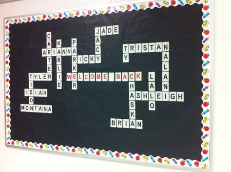 Student names in crossword. Fun classroom bulletin board Bulletin Board With Student Names, Student Names Bulletin Board, Res Life Door Decs, Middle School Bulletin Boards, Art Bulletin Boards, Ms Frizzle, Farmhouse Classroom, Classroom Bulletin Board, Res Life