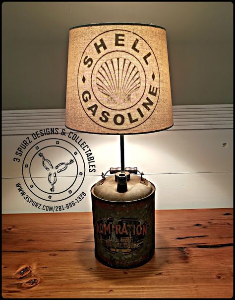 Homemade Lights, Vintage Gas Can, Vintage Repurposed Items, Rental House Decorating, Repurposed Lighting, Can Lamp, Repurposed Junk, Car Parts Decor, Organized Clutter