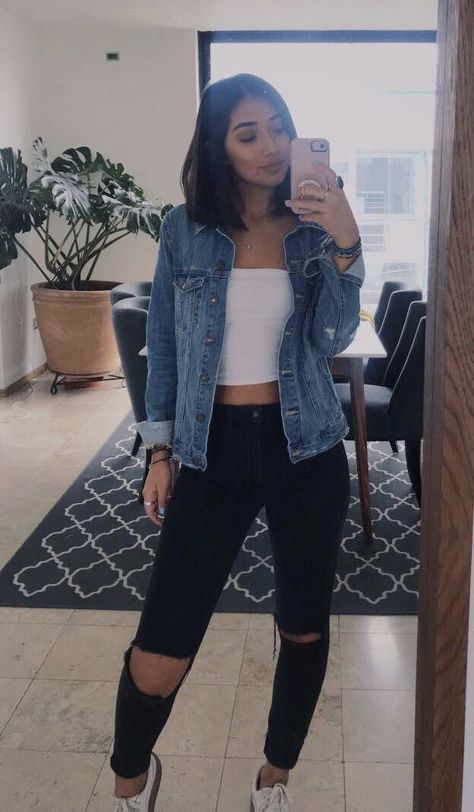 Teenage Outfits, Denim Jacket Outfit, Rock Outfit, Outfit Jeans, Trendy Fall Outfits, Makeup Style, Teenager Outfits, Basic Outfits, Teen Fashion Outfits