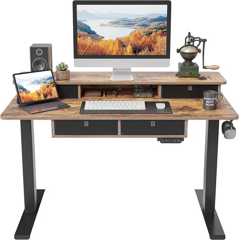 FEZIBO Height Adjustable Electric Standing Desk with 4 Drawers, 48 x 24 Inch Table with Storage Shelf, Sit Stand Desk Black Frame/Rustic Brown Top, 48 inch Rising Desk, Stand Up Table, Drawers Design, Electric Standing Desk, Adjustable Height Standing Desk, Stand Up Desk, Stand Desk, Adjustable Standing Desk, Sit Stand Desk