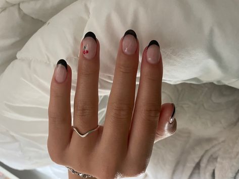 Black French Tip Nails Almond With Red Heart, Black French With Cherries Nails, Black French Tips With Cherries, French On Almond Nails, Almond Nails Cherry, Nails Cherry, Cool Nails, Black French Tip, French Top