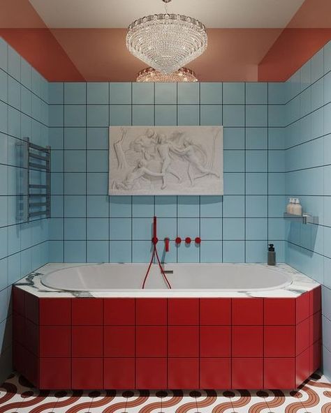 | Colourful & Quirky Home Interior With Unexpected Accents . The bathroom is an explosion of bold colour and pattern. Red waves undulate… | Instagram Neoclassical Dining Room, Red Waves, Wc Design, White Room Decor, Sage Green Bedroom, Quirky Home, Red Tiles, Recessed Spotlights, Bathroom Red