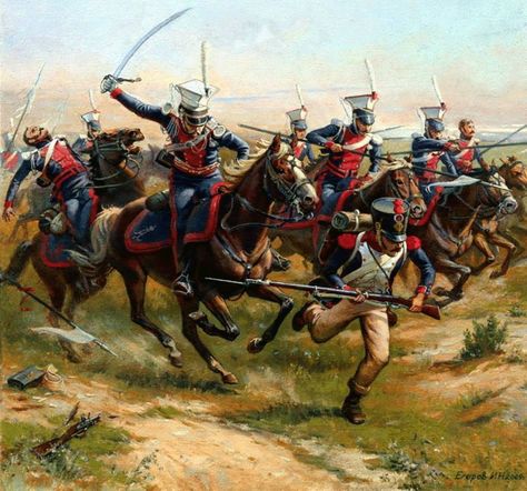 Russian Uhlans. The Lithuanian, or "Litovski" regiment putting the French to flight. First French Empire, Military Images, Battle Of Waterloo, Military Artwork, French Empire, French Army, Napoleonic Wars, Historical Art, Military Men