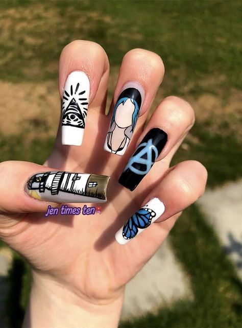 Video Game Nail Art, Life Is Strange Nails, The Last Of Us Nails, Videogame Nails, Gaming Nails, Video Game Nails, Gamer Nails, Gamer Fanart, Game Nails