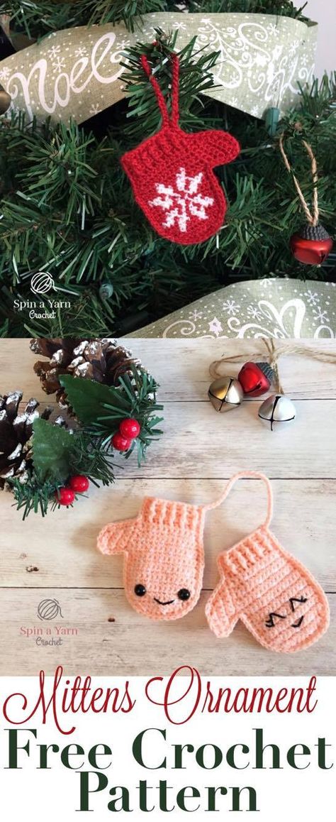 Mittens Ornament - Spin a Yarn Crochet Crochet Christmas Tree Ornaments, Winter Markets, Crochet Mittens Free Pattern, Crochet Christmas Tree, Crochet Ornament Patterns, Mitten Ornaments, Crochet Xmas, Crochet Christmas Decorations, Aesthetic Crochet