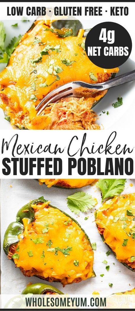 Keto Mexican Cheese & Chicken Stuffed Poblano Peppers Recipe - See how to make Mexican keto stuffed poblano peppers with simple ingredients, in just 30 minutes! This cheesy chicken stuffed poblano peppers recipe is full of taco flavors. #wholesomeyum #keto #ketorecipes #mexicanfood #poblanopeppers #peppers #stuffedpeppers #chicken #cheese Chicken Stuffed Poblano Peppers, Chicken Stuffed Poblano, Mexican Keto, Poblano Peppers Recipes, Recipes With Chicken And Peppers, Chile Poblano, Mexican Recipe, Poblano Peppers, Chicken Stuffed