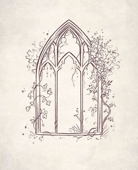 Cathedral Window Drawing, Castle Window Tattoo, Arch Window Tattoo, Victorian Window Tattoo, Stained Glass Tattoo Black And White, Velaris Drawing, Gothic Windows Drawing, Stain Glass Window Tattoo, Doorway Drawing