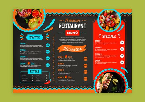 Menú de restaurante mexicano de burritos y tacos con dibujos y ornamental Mexican Burritos, Tacos Menu, Taco Restaurant, Restaurant Menu Template, Restaurant Menu Design, Modern Restaurant, Brand Kit, Mexican Restaurant, Menu Template