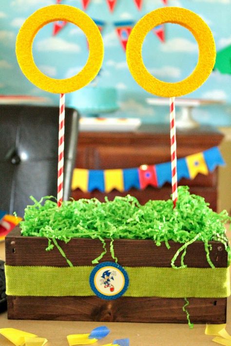 Sonic the Hedgehog Party by Cupcake Wishes & Birthday Dreams Ring Centerpieces, Sonic The Hedgehog Party, Sonic The Hedgehog Birthday Party, Custom Popcorn Boxes, Paper Palm Tree, Hedgehog Party, Nintendo Party, Sonic Birthday Parties, Hedgehog Birthday