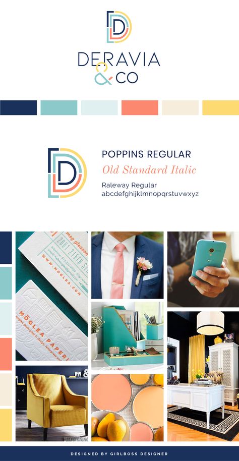 Sophisticated and Soolthing Branding and Logo Design for Business Development Advisor, CPA, & Female Entrepreneur, Deravia. Upscale, Modern Blue, Coral & Yellow Color Palette and Graphic Design. Learn about Color Psychology and Branding Tips Girlboss Designer. #brandingtips #colorpsychology #graphicdesign #logodesign  #femaleentrepreneur #colorpaletteinspiration #businessbranding #girlbossdesigner Female Entrepreneur Color Palette, Modern Logo Color Palette, Yellow Branding Design, Modern Branding Color Palette, Color Psychology Personality, Yellow Branding, Sophisticated Branding, Logo Design For Business, Modern Palette