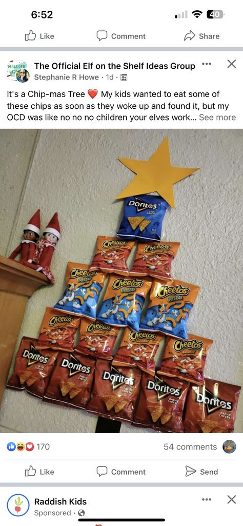 Elf On The Shelf Potato Chips, Elf Mischief, Awesome Elf On The Shelf Ideas, Elf Fun, Shelf Ideas, Potato Chips, On The Shelf, Elf On The Shelf, Chocolate Chip