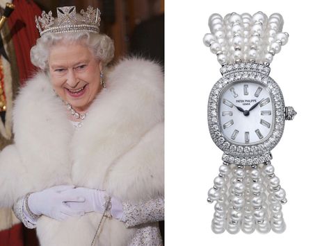 The Queen has been seen wearing this watch since 1953. it is a pearl bracelet of 5 strands with a diamond clasp and a central watch face in a diamond frame. Surrounding the watch face on either side are shorter pearl strands that hang down. #Royal #Jewellery #Royaljewels #QueenElizabeth British Royal Jewellery, Queen Elizabeth Jewels, Ruby Jubilee, British Crown Jewels, Budget Plan, The British Royal Family, The Royals, Family Jewels, Family Jewellery