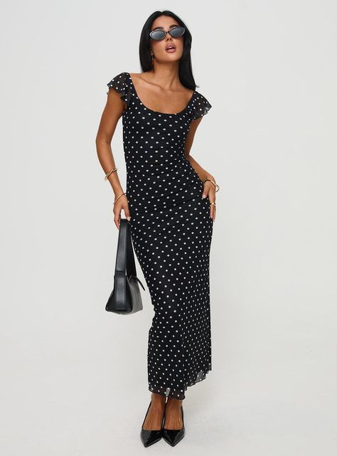 Maxi dress Polka dot print, straight neckline, cap sleeves, invisible zip fastening Good stretch, unlined  90% polyester 10% elastane Cold gentle machine wash  Length of size US 4 / AU 8 shoulder to hem: 142cm / 55.9in White Black Polka Dot Dress, Black And White Polka Dot Dress Outfit Classy, Black And White Polka Dot Dress, Midi Dresses For Work, Long Polka Dot Dress, Polka Dot Long Dress, Polka Dot Dress Outfit, Flowy Fashion, Preppy Inspo