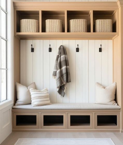 BUILT-IN STORAGE CLOSET CONCEPT. FEELS TO FARMHOUSE BUT CLIENT LIKED IDEA OF MIXED FINISHES, INTEGRATED BENCH AND BASKETS FOR SHOES. Small Mudroom Ideas, Mudroom Remodel, Mudroom Closet, Shoe Storage Ideas, Mud Room Entry, Entryway Closet, Mudroom Entryway, Mudroom Decor, Mud Room Storage