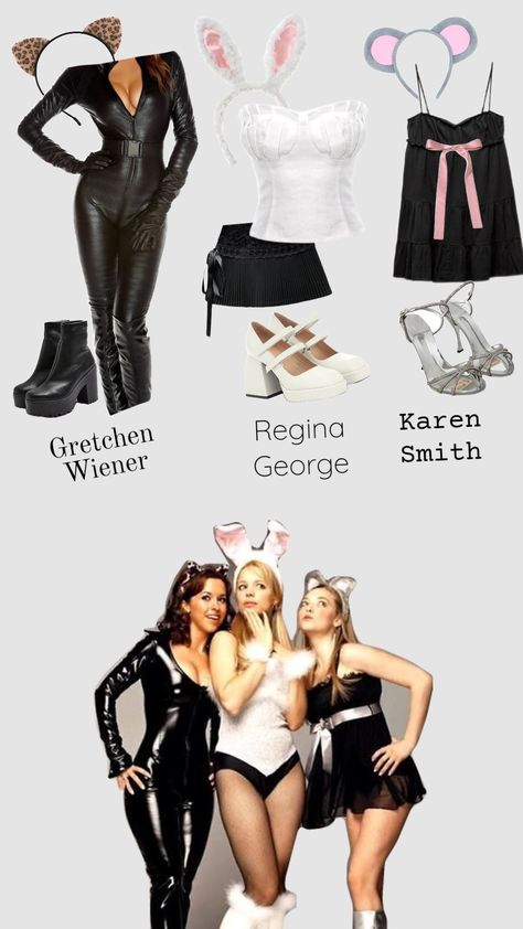 #meangirls #reginageorge #gretchenweiners #karensmith #costumeideas Regina And Gretchen Costume, Gretchen Wieners Halloween Costume, Regina George And Aaron Samuels Costume, Basic Costumes Halloween, Gretchen Weiners Outfit Halloween, Regina George And Gretchen Weiners, Regina George Halloween Costume Bunny, Regina Gorge Outfits Halloween, Non Basic Trio Halloween Costumes