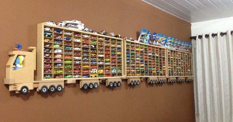 Creative Toy Storage, Toy Car Display, File Shelf, Custom Display Case, Wall Display Case, Hot Wheels Display, Hot Wheels Cars Toys, Home Design Magazines, Wooden Truck