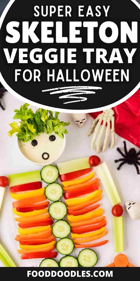 Create a fun and healthy Halloween snack with this easy skeleton veggie tray! It's a perfect addition to your Halloween party, offering a spooky yet nutritious twist. Great for Halloween snacks and treats, it's also an ideal choice for a preschool Halloween party or any gathering looking for fun Halloween appetizers or easy Halloween party snacks. Perfect for both kids and adults! via @easywholesome Halloween Fruit And Veggie Tray, Veggie Tray Halloween, Halloween Vegetable Tray, Halloween Veggie Tray Ideas, Batch Snacks, Skeleton Veggie Tray, Halloween Veggies, Veggie Skeleton, Halloween Veggie Tray