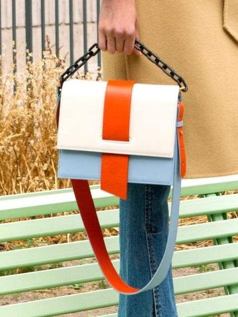 AGNES COLOR BLOCK CHAIN BAG aaa057w (Orange/Ivory) Anderson Bell, Leather Bag Design, Marc Jacobs Handbag, Block Chain, Diy Leather Bag, Statement Bag, Colorful Bags, Fancy Bags, Navy Grey