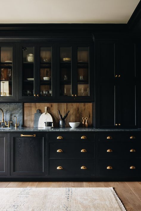 Kitchen With Dark Cabinets, Moody Kitchen, Dark Brown Cabinets, Kate Marker Interiors, Black Countertops, Glass Front Cabinets, Black Kitchen Cabinets, Dark Kitchen, White Backsplash