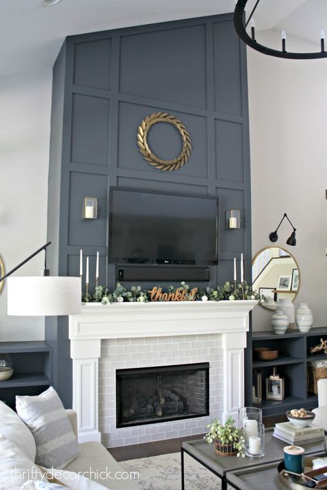 Dramatic fireplace wall makeover! from Thrifty Decor Chick Fireplace Wall Makeover, Dramatic Fireplace, Fireplace Accent Walls, Molding Ideas, Tall Fireplace, Wall Makeover, Thrifty Decor Chick, Fireplace Built Ins, Accent Walls In Living Room