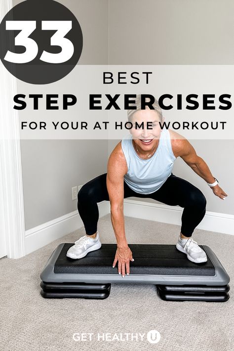 Step Training Exercise, Aerobic Stepper Exercises, Exercise With Stepper, Stepping Exercises Workouts, Cardio Step Exercises, Full Body Step Workout, Home Stepper Workout, Step Riser Workouts, Diy Exercise Step Platform