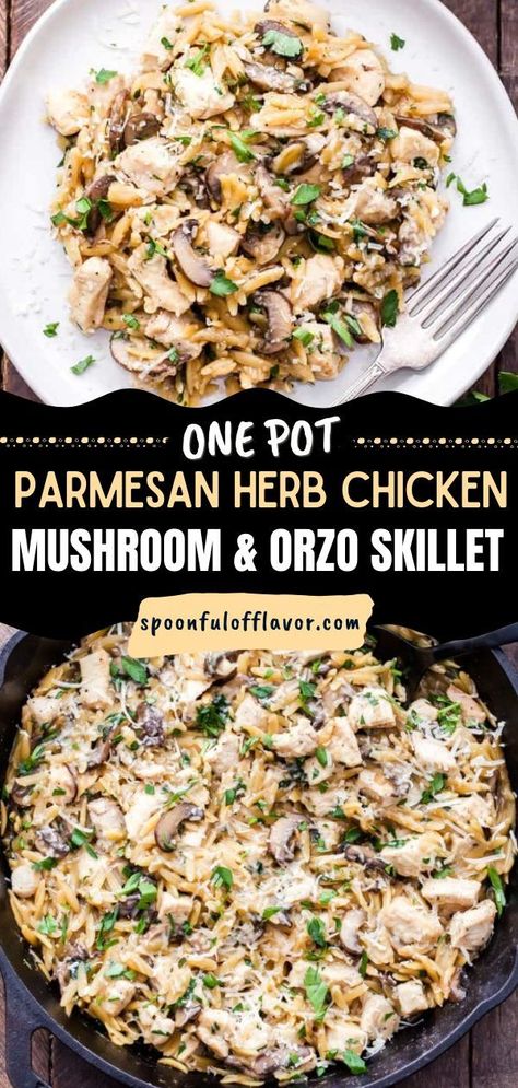 Orzo Recipes Healthy, Dinner With Mushrooms, Orzo Skillet, Chicken Recipe For Dinner, Healthy Skillet Meals, Mushroom Recipes Healthy, Easy Chicken Recipe, Skillet Dinner Recipes, Chicken Mushroom Recipes