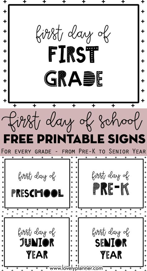 FREE PRINTABLE set of First day of school signs: includes every grade from Preschool to Senior Year. Perfect for your back to school photos! Matching First Day Printable, First Day School Sign, Free School Printables, Back To School Highschool, Back To School Photos, Printable Signs Free, First Day Of School Signs, Preschool First Day, First Day Of School Pictures