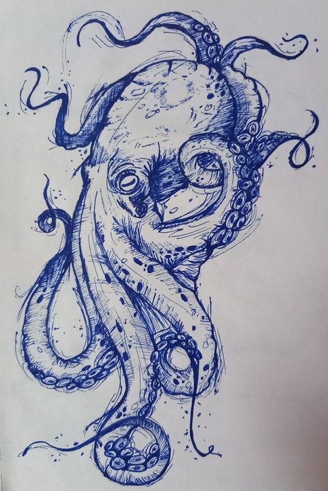 Blue Ink Drawing Sketch, Octopus Ink Drawing, Octopus Pen Drawing, Ocean Pen Drawing, Blue Pencil Drawing, Biro Pen Art, Biro Drawing Sketches, Pen Shading Drawings, Small Pen Drawings