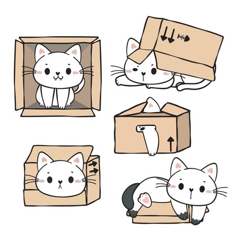 cute funny playful white kitty cat in cardboard boxes collection, adorable cartoon cat pet animal hand drawn vector Doodle Box, Snapchat Stickers, Cat Vector, Drawing Exercises, Adorable Cartoon, Cat Box, Hand Drawn Vector, Bullet Journal Doodles, Cat Pet