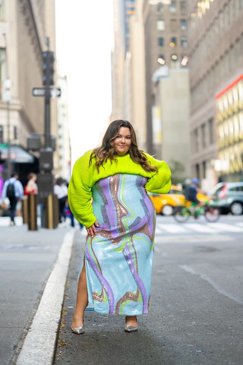 Plus size fashion blogger and influencer Natalie in the City wears a crop top from Target’s Future Collective and sequin maxi dress from Eloquii during New York Fashion week spring 2023. Plus Size Spring Outfits, Plus Size Wardrobe, Nyfw Outfits, Spring Attire, Spring Wardrobe Essentials, Plus Size Cocktail Dresses, Spring Forward, Spring 2023, Trendy Plus Size