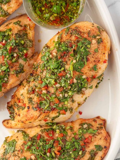 Baked Chimichurri Chicken Chimichurri Sauce Chicken, Baked Chicken Seasoning, Argentinian Chimichurri, Chicken Packets, Oven Roasted Chicken Breast, Chimichurri Chicken, Chicken Shawarma Recipe, Chimichurri Recipe, Shawarma Recipe